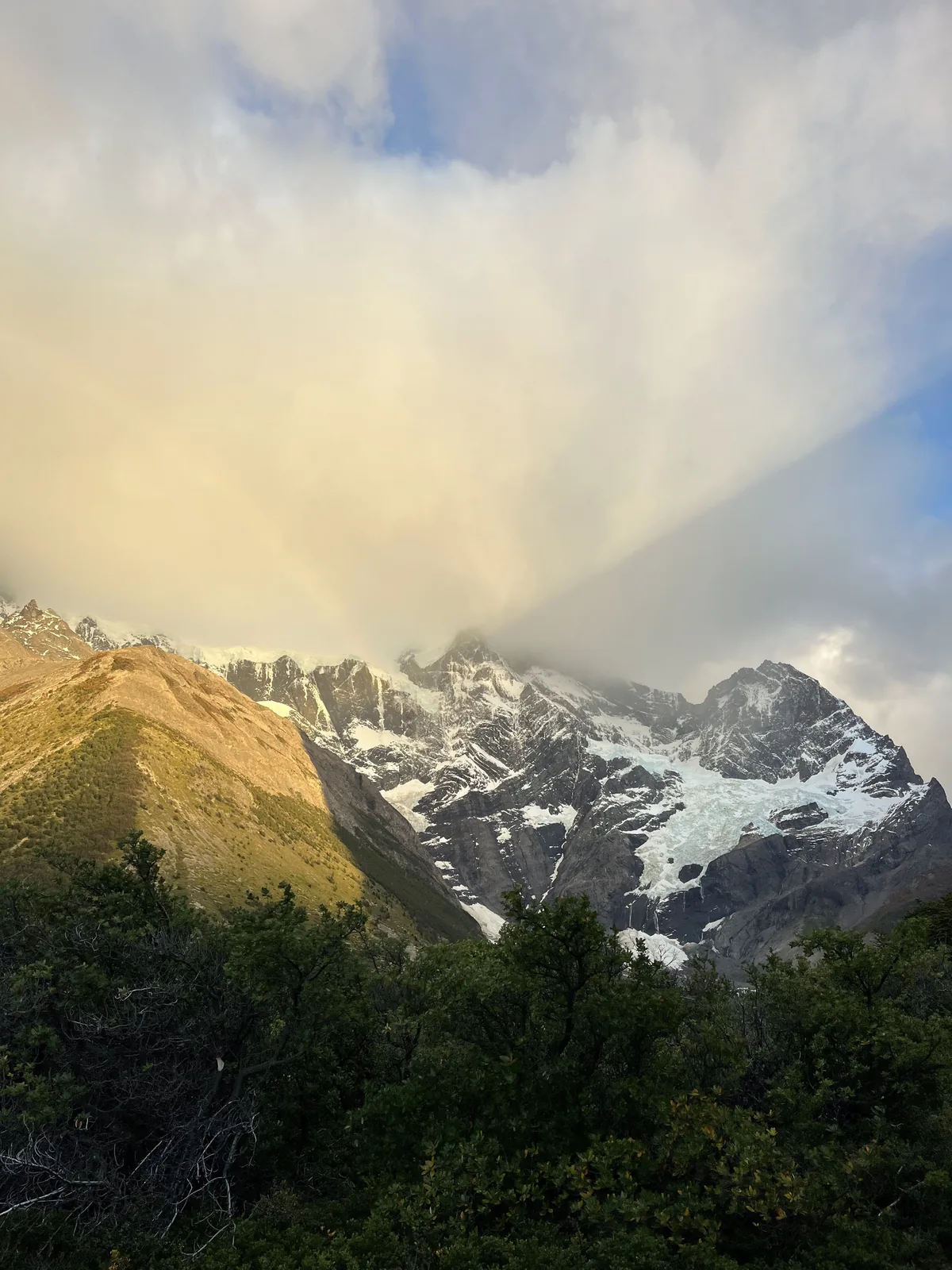 Patagonian skyline at dusk with pastel clouds