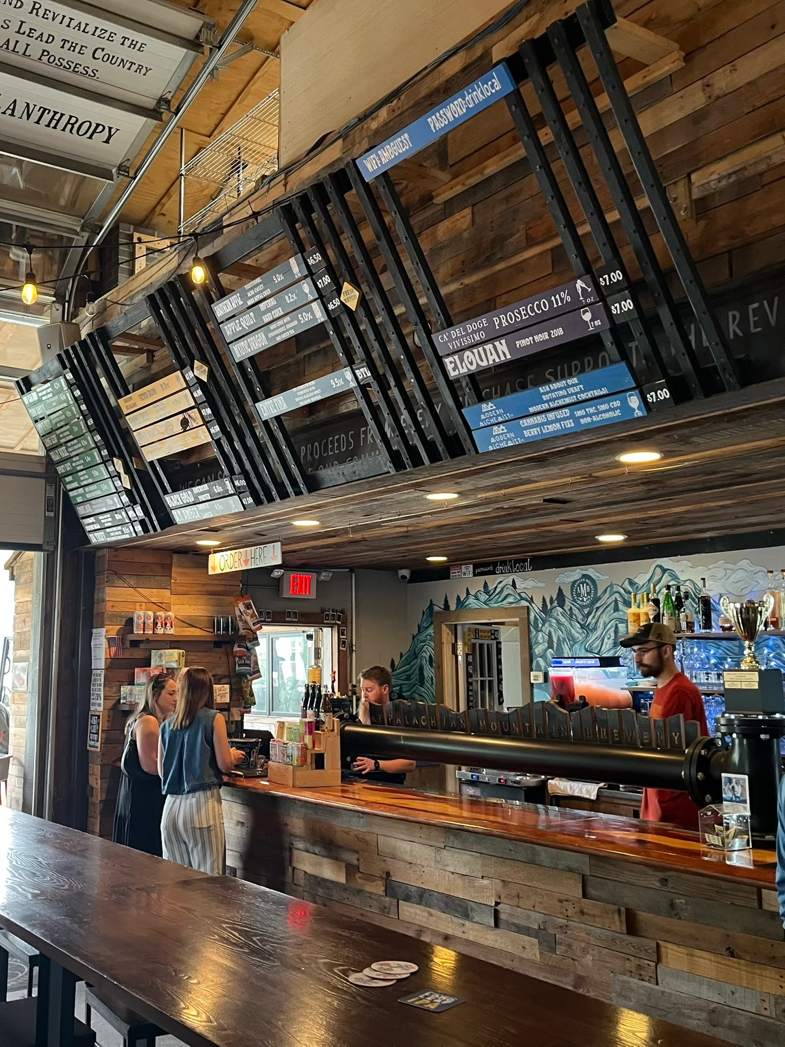 The bar and tap list inside Appalachian Mountain Brewery in Boone.