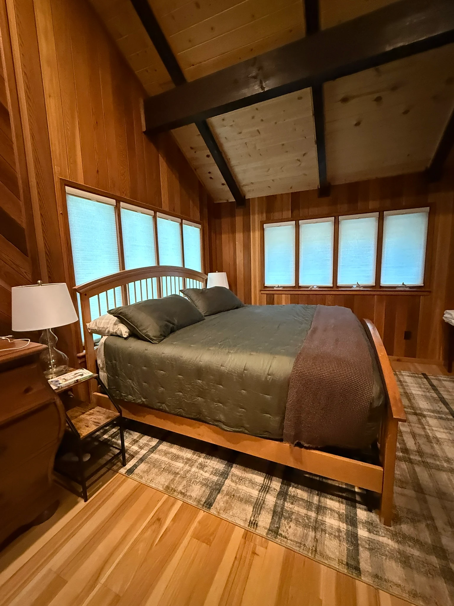 A bright bedroom inside the Beech Mountain cabin.
