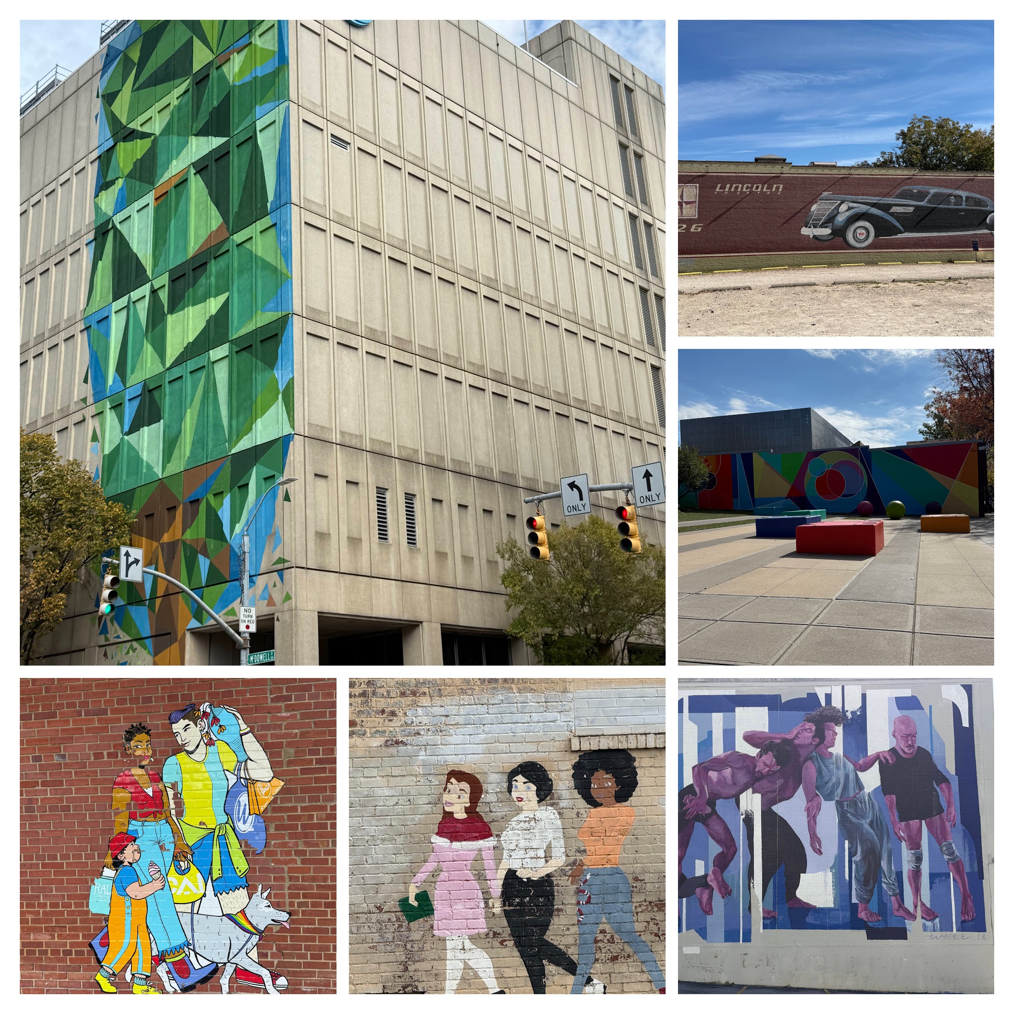 A collage of downtown Raleigh murals and public art, including the Green City, USA mural and several other colorful pieces along the route.
