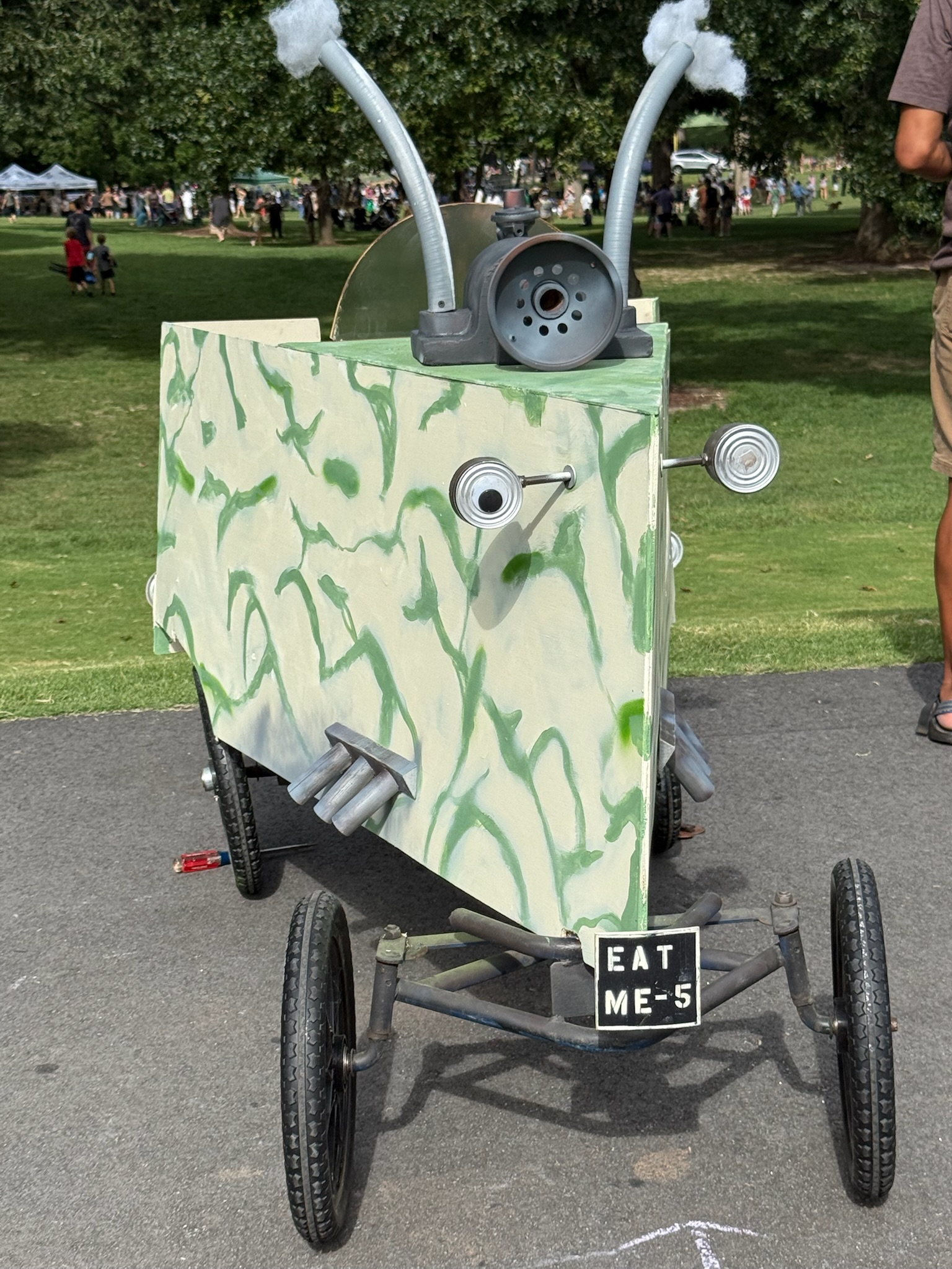 A handmade Kirby Derby soapbox cart on display at Dorothea Dix Park during the community event.