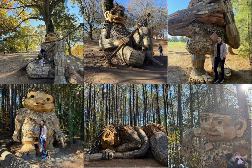 Collage of Thomas Dambo troll sculptures at Dorothea Dix Park in Raleigh, including close views of several installations.