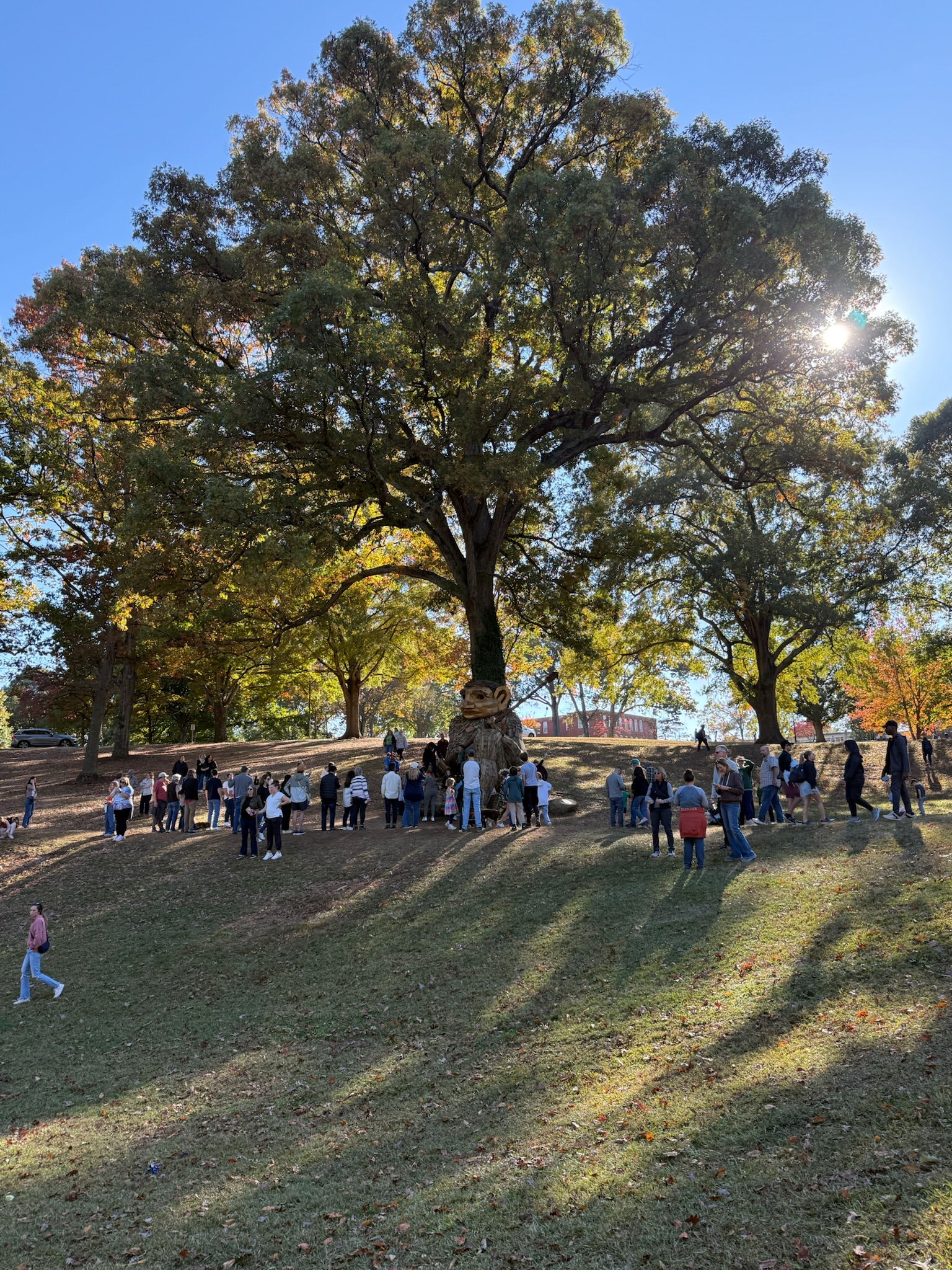 Visitors gathered on a grassy hill around a Thomas Dambo troll sculpture at Dorothea Dix Park in Raleigh.