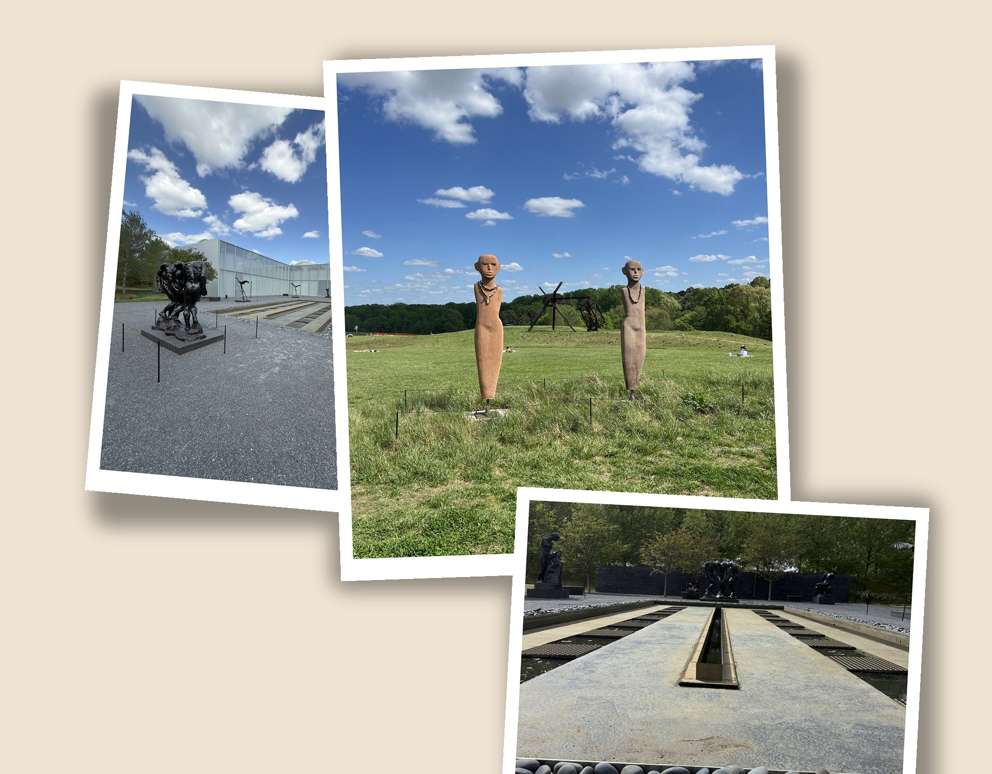 A collage of three North Carolina Museum of Art moments in Raleigh: outdoor sculpture, the museum plaza, and the reflecting fountain during Busk and Bloom.
