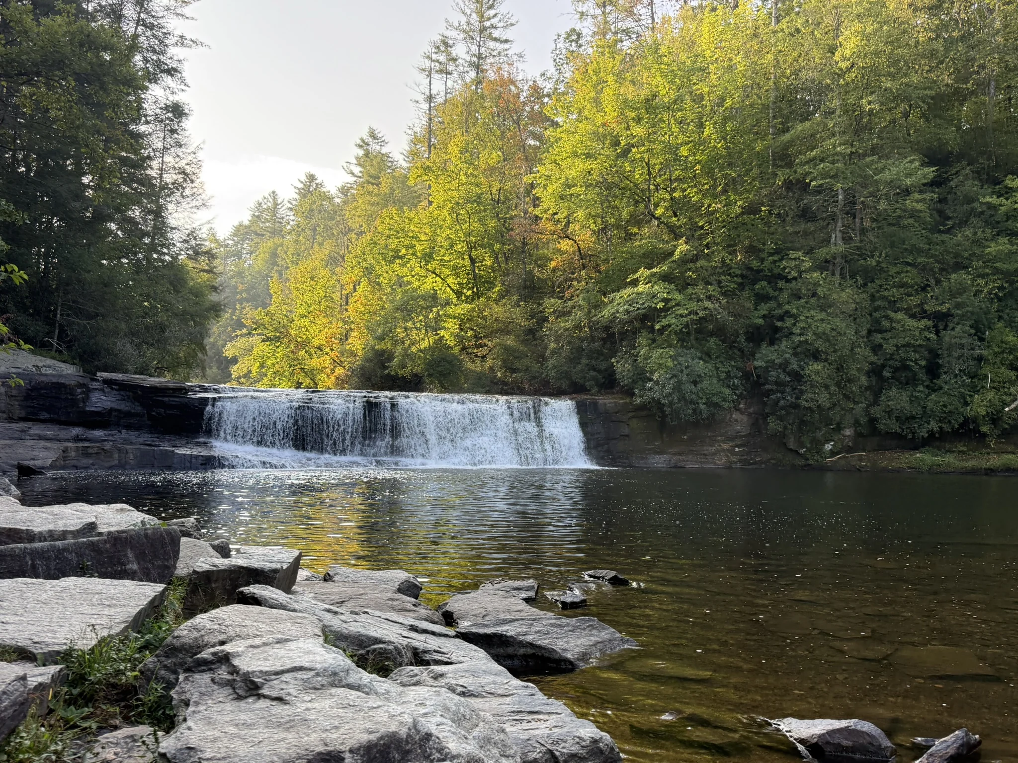 Hooker Falls flowing across a broad rock ledge into a pool surrounded by green trees.