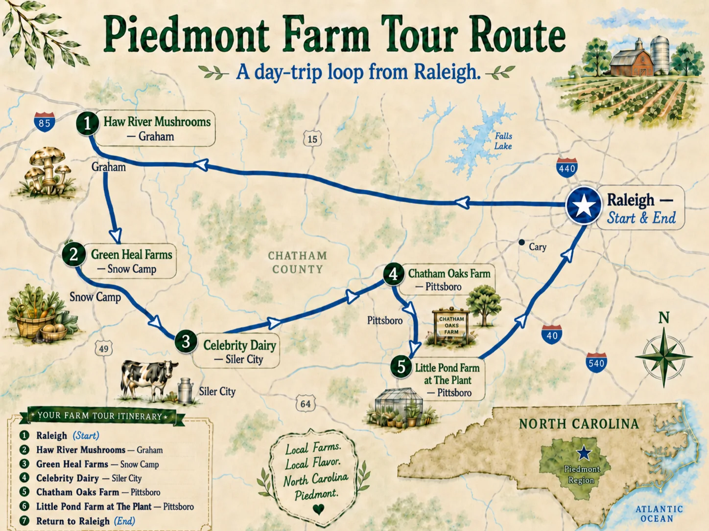 An illustrated Piedmont Farm Tour route map showing a day-trip loop from Raleigh to Haw River Mushrooms, Green Heal Farms, Celebrity Dairy, Chatham Oaks Farm, and Little Pond Farm at The Plant.