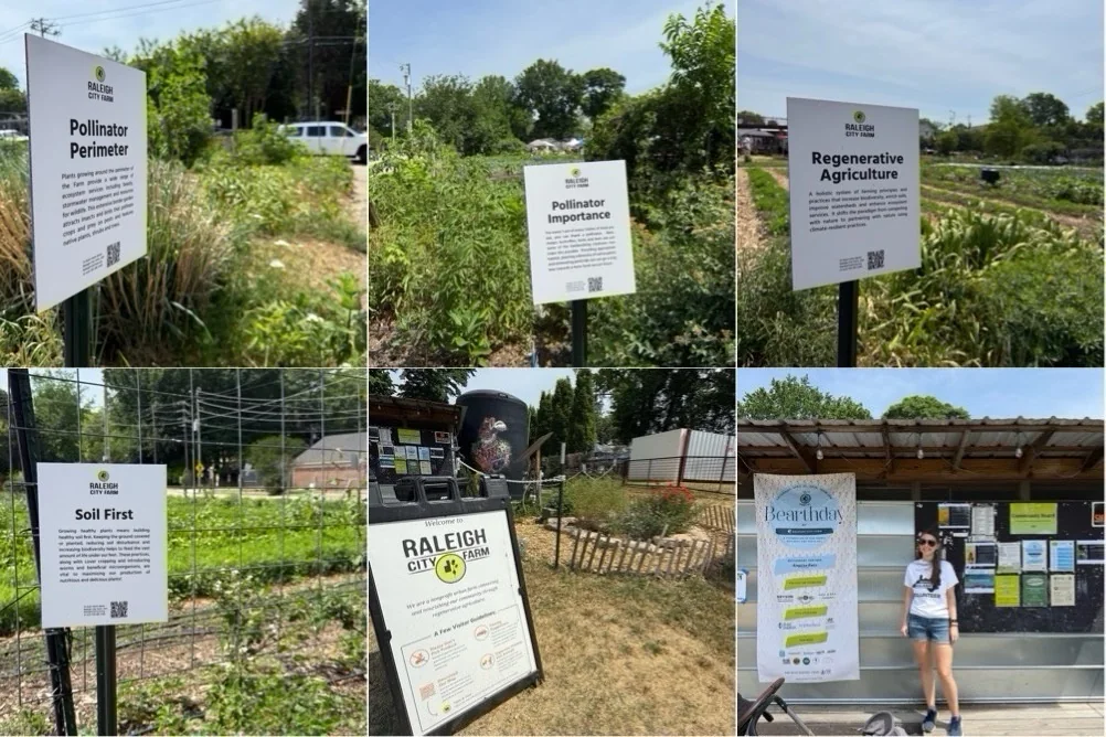 A collage of Raleigh City Farm Bearthday signs, garden beds, and community event moments in Raleigh.
