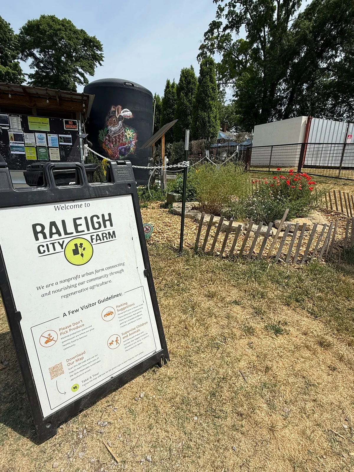 The welcome sign at Raleigh City Farm during the Bearthday event before the Piedmont Farm Tour.