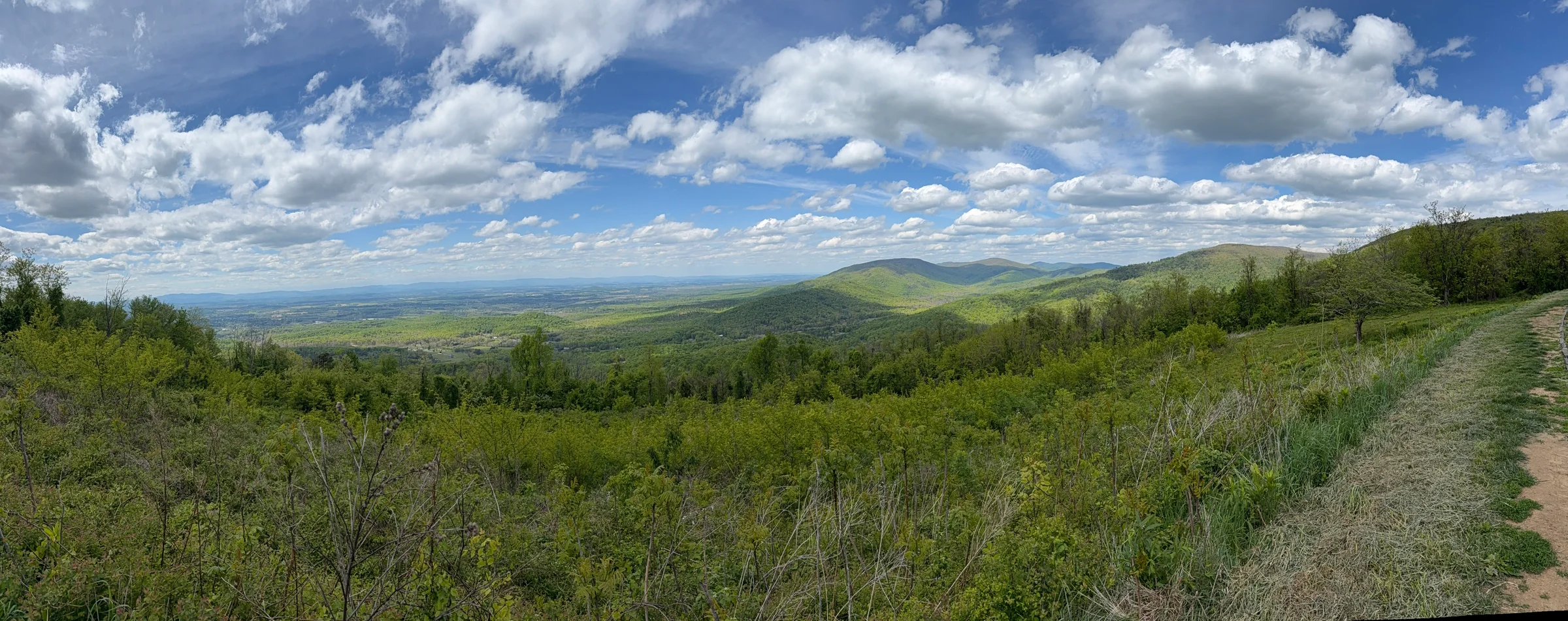 Skyline Drive overlook across green Shenandoah Valley mountains under a partly cloudy spring sky.