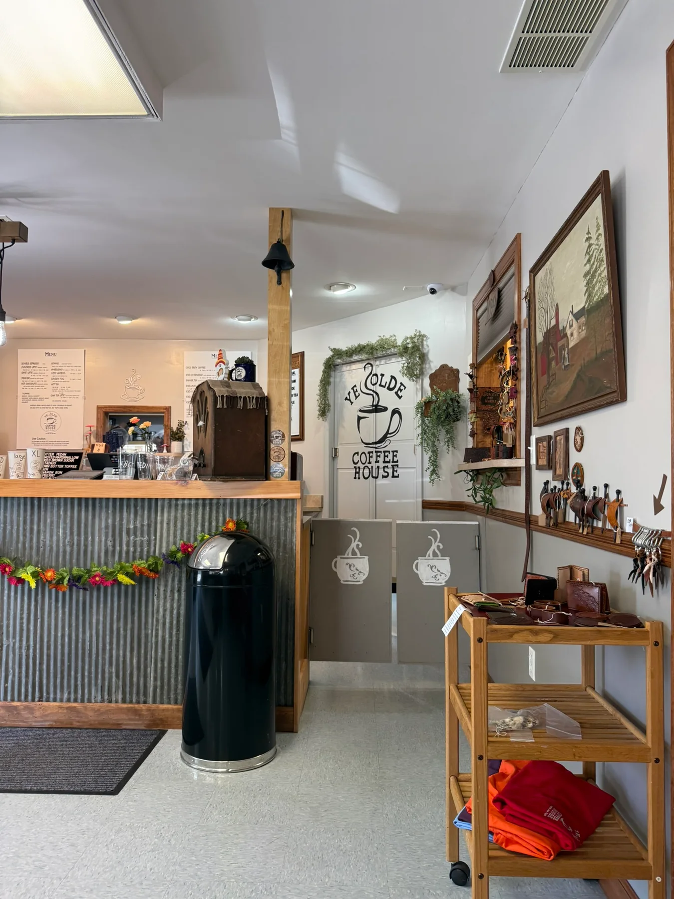 The interior counter and wall sign at Ye Olde Coffee House in Grottoes, Virginia.
